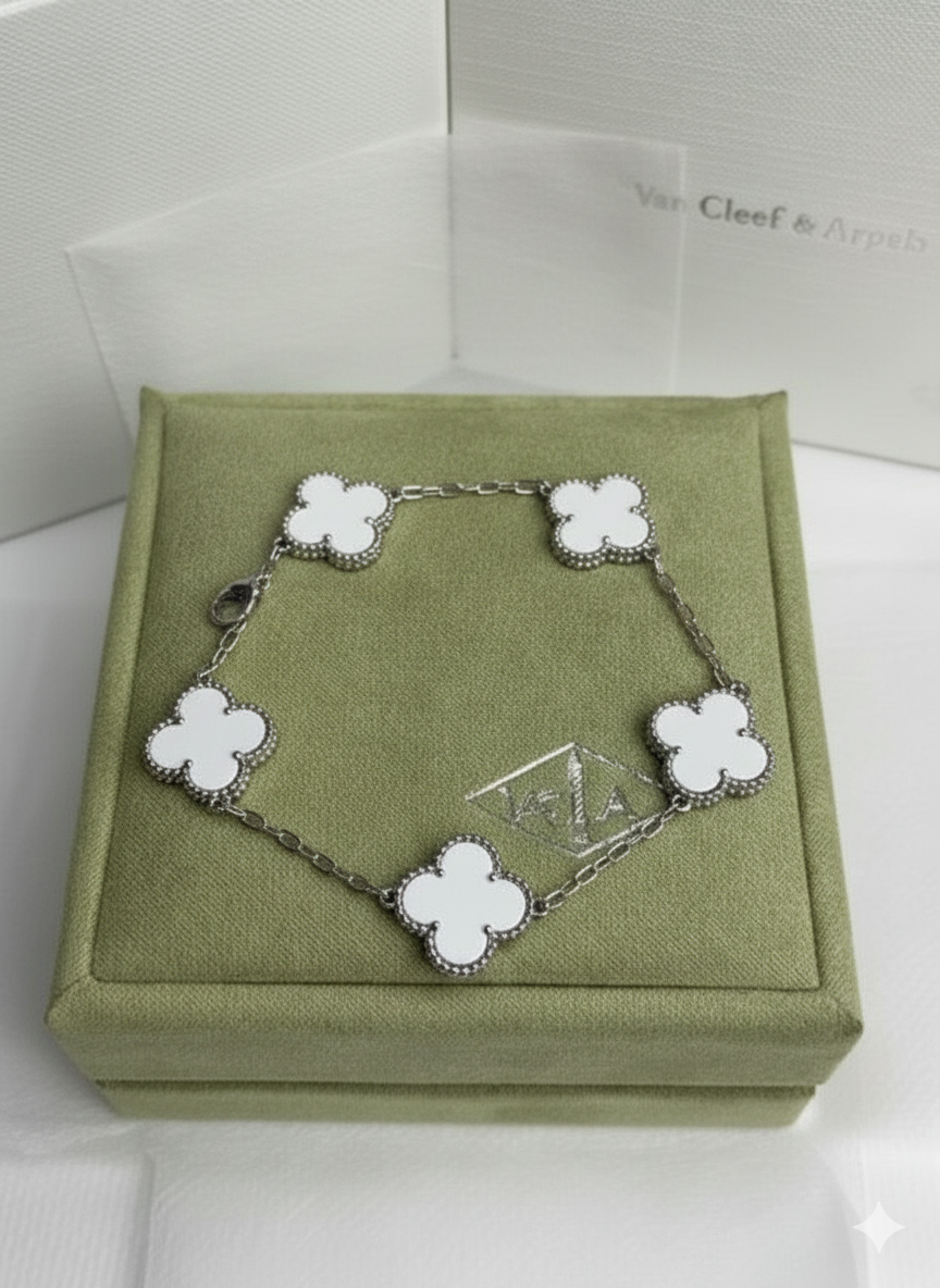 Pulsera Trebol Van Cleef con baño oro 14k + caja de regalo